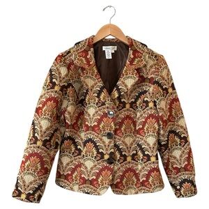 COLDWATER CREEK Beige Brown Red Tapestry Blazer Jacket Sz 14 Button Front